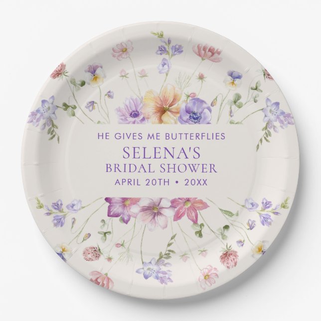 He Gives Me Purple Butterflies Bridal Shower Paper Plate (Front)