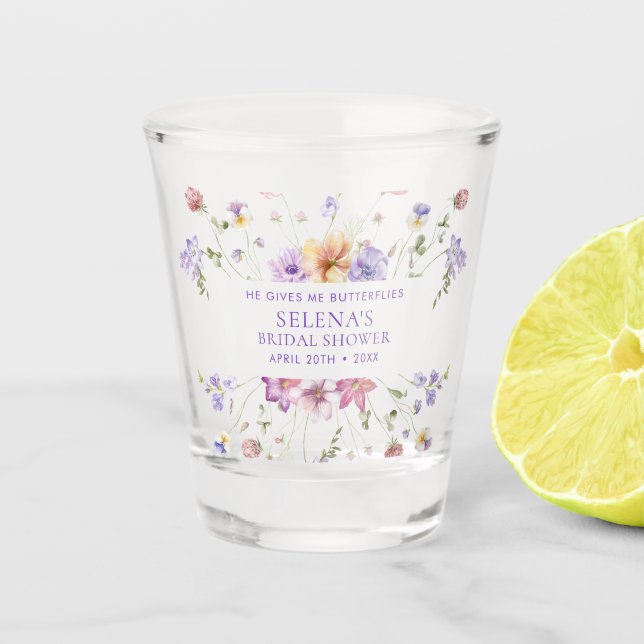He Gives Me Purple Butterflies Bridal Shower Shot Glass (Front)