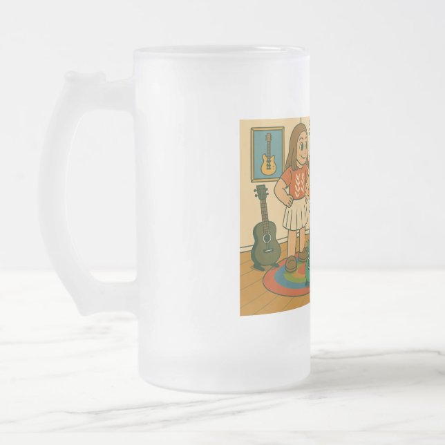 He has cool guitars frosted glass beer mug (Left)