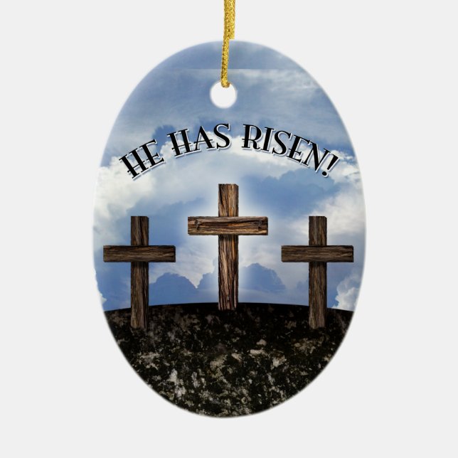 He Has Risen 3 Rugged Crosses Ceramic Tree Decoration (Front)