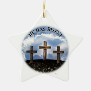 He Has Risen 3 Rugged Crosses Ceramic Tree Decoration