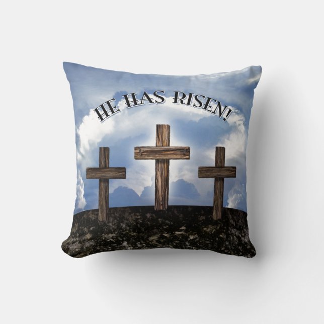 He Has Risen 3 Rugged Crosses Cushion (Front)