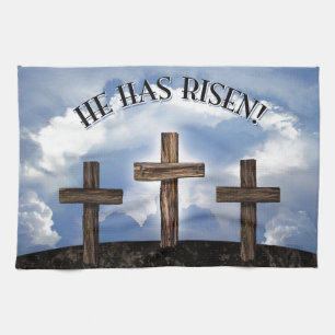 He Has Risen 3 Rugged Crosses Tea Towel