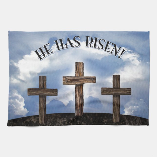 He Has Risen 3 Rugged Crosses Tea Towel (Horizontal)