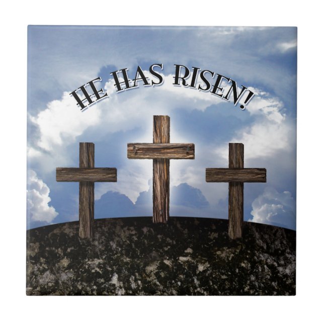He Has Risen 3 Rugged Crosses Tile (Front)