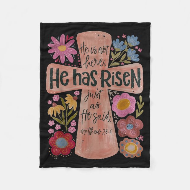 He Has Risen Christian Easter Boho Floral  Fleece Blanket (Front)