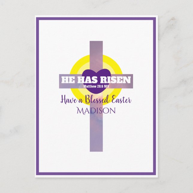 He Has Risen Cross Bible Verse Easter Custom Name  Postcard (Front)