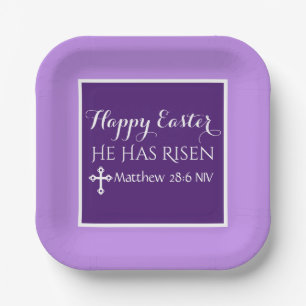 He Has Risen Cross Bible Verse Purple Easter Paper Plate