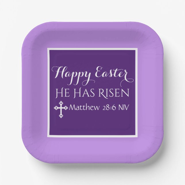 He Has Risen Cross Bible Verse Purple Easter Paper Plate (Front)