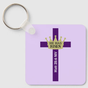 He Has Risen Easter Day Crown and Cross Purple Key Ring
