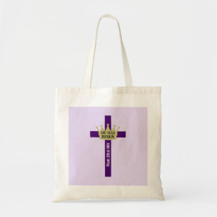 He Has Risen Easter Day Crown and Cross Purple Tote Bag