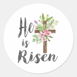 He Has Risen Matthew 286 Floral Cross Christian Ea Classic Round Sticker