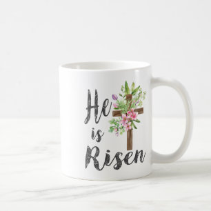 He Has Risen Matthew 286 Floral Cross Christian Ea Coffee Mug