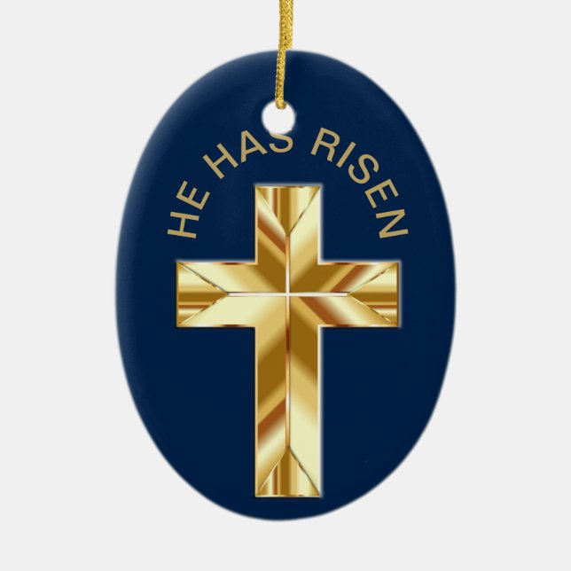 He Has Risen Religious Golden Cross Easter Ceramic Tree Decoration (Front)