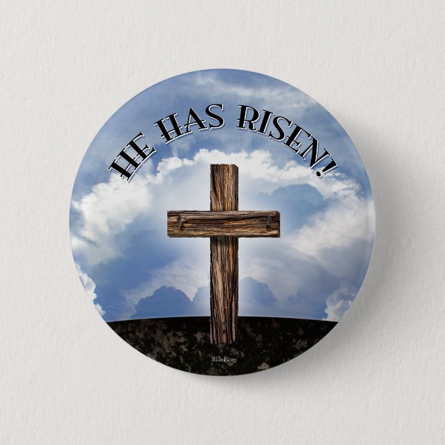 He Has Risen Rugged Cross Sky 6 Cm Round Badge (Front)