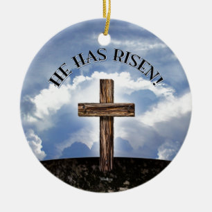 He Has Risen Rugged Cross Sky Ceramic Tree Decoration