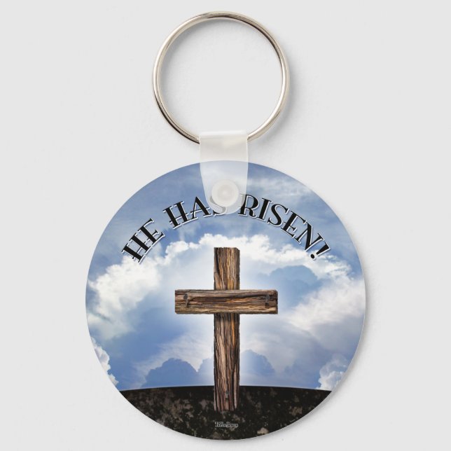 He Has Risen Rugged Cross Sky Key Ring (Front)