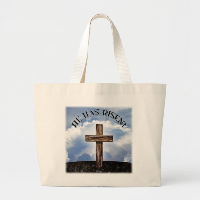He Has Risen Rugged Cross Sky Large Tote Bag (Front)