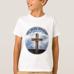 He Has Risen Rugged Cross Sky T-Shirt