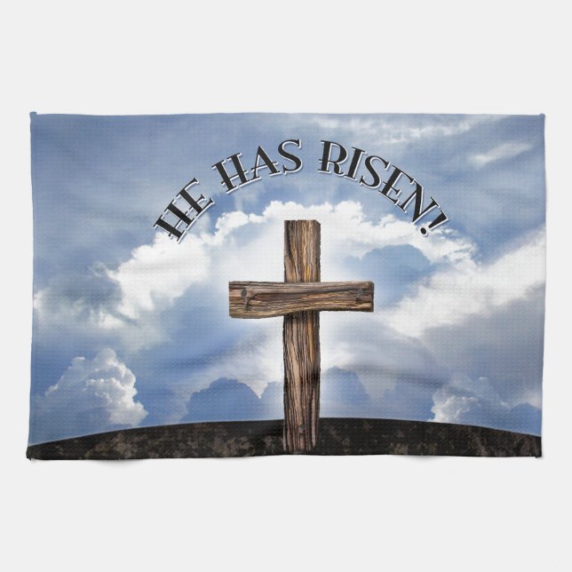 He Has Risen Rugged Cross Sky Tea Towel (Horizontal)