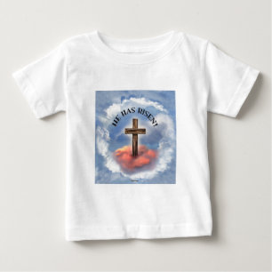He Has Risen Rugged Cross With Clouds Baby T-Shirt