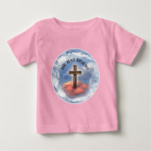 He Has Risen Rugged Cross With Clouds Baby T-Shirt