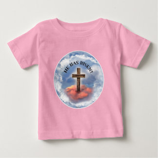 He Has Risen Rugged Cross With Clouds Baby T-Shirt