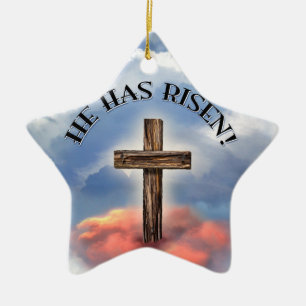 He Has Risen Rugged Cross With Clouds Ceramic Tree Decoration
