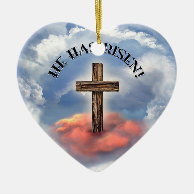 He Has Risen Rugged Cross With Clouds Ceramic Tree Decoration (Front)