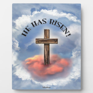 He Has Risen Rugged Cross With Clouds Plaque