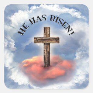 He Has Risen Rugged Cross With Clouds Square Sticker