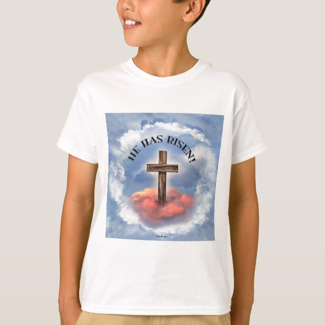 He Has Risen Rugged Cross With Clouds T-Shirt (Front)