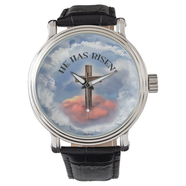 He Has Risen Rugged Cross With Clouds Watch (Front)