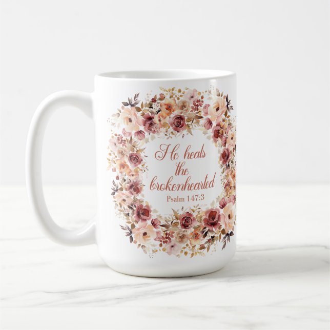 He Heals the Brokenhearted Fall Floral  Coffee Mug (Left)