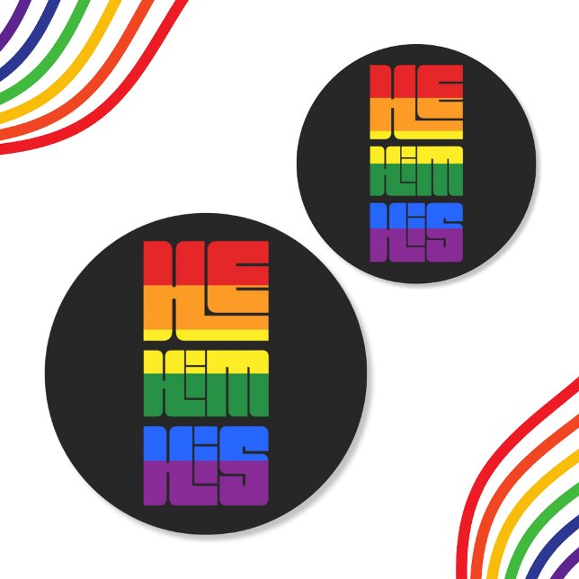 He Him His Pronouns Pride Rainbow Design Classic Round Sticker (Creator Uploaded)