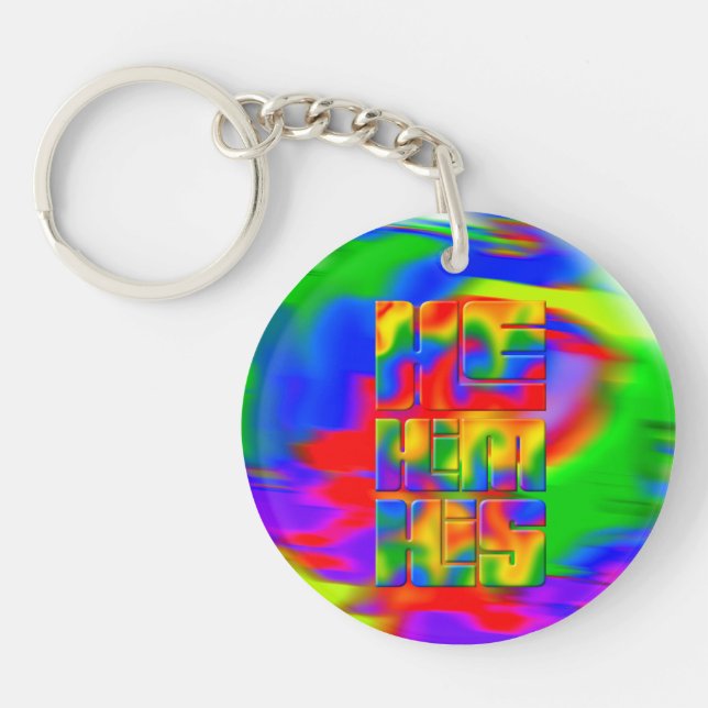 He Him His Pronouns Rainbow Tie Dye Key Ring (Front)