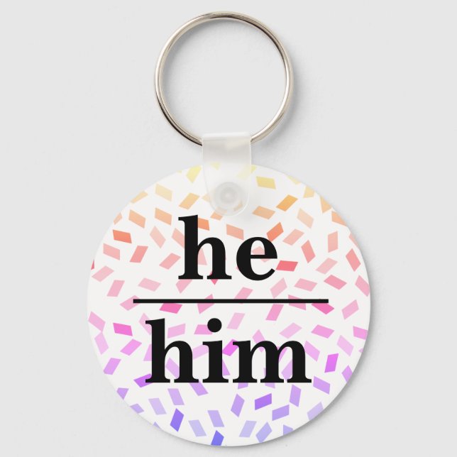 He him pastel rainbow sprinkles pronoun  keychain (Front)