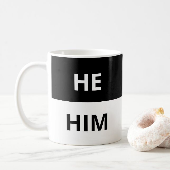 He/Him Pronouns Black & White Classic Mug (With Donut)