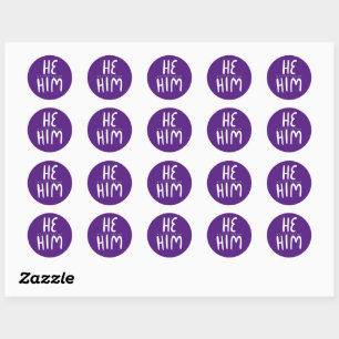 HE / HIM Pronouns Purple Handlettering Set of Classic Round Sticker