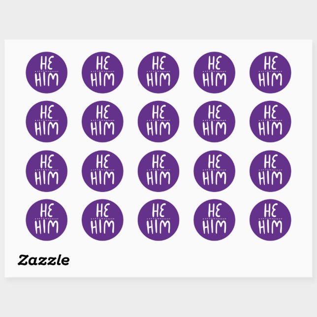HE / HIM Pronouns Purple Handlettering Set of Classic Round Sticker (Sheet)