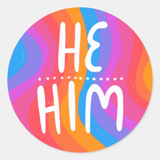 HE/HIM Pronouns Rainbow Handlettering Sheet of  Classic Round Sticker (Front)