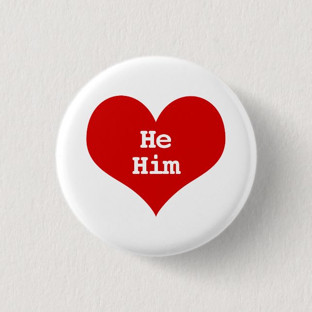 He Him Pronouns Red Love Heart Button (Front)