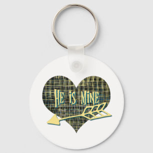 He is Mine Blue Yellow Grid Heart Shape Design Key Ring