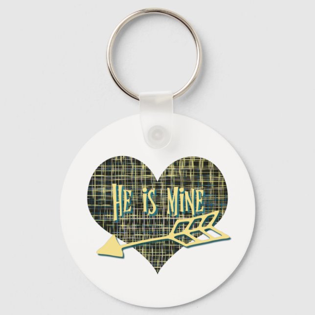 He is Mine Blue Yellow Grid Heart Shape Design Key Ring (Front)