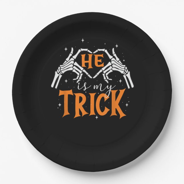 He Is My Trick Heart Skeleton Hand Couple Happy Ha Paper Plate (Front)