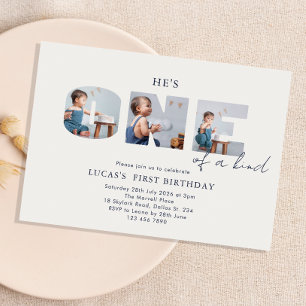 He is ONE of a Kind Photo Navy Blue First Birthday Invitation