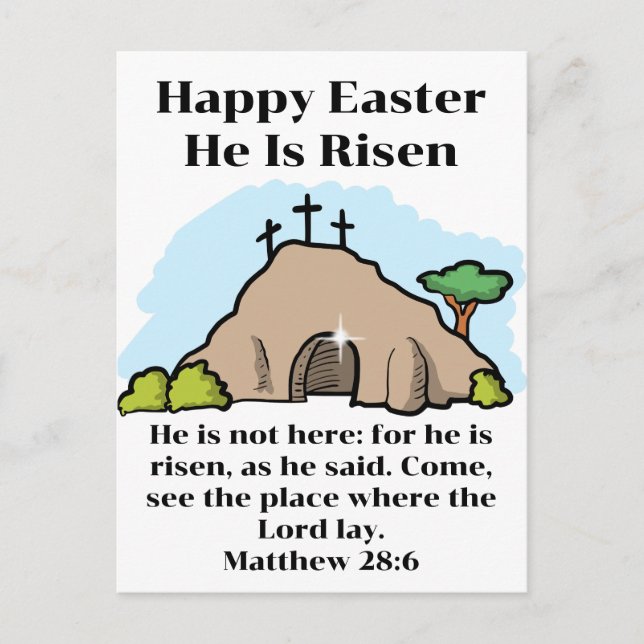 He is Risen 3 Crosses Empty Tomb Cartoon Easter Holiday Postcard (Front)