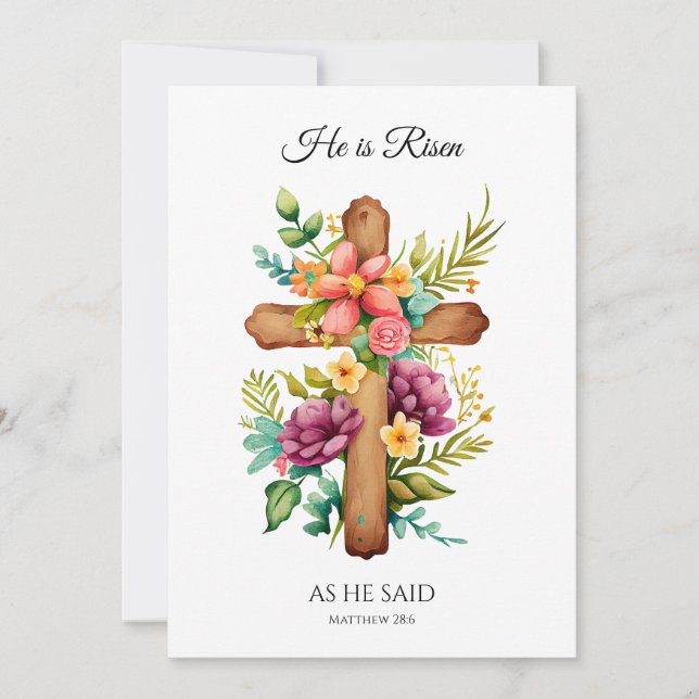 He Is Risen As He Said Easter Floral Cross Holiday Card (Front)