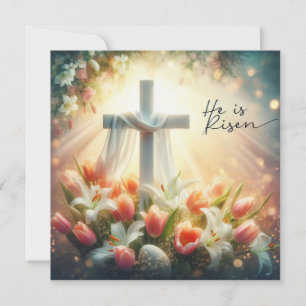 He Is Risen Blue Cross with Lilies  Holiday Card