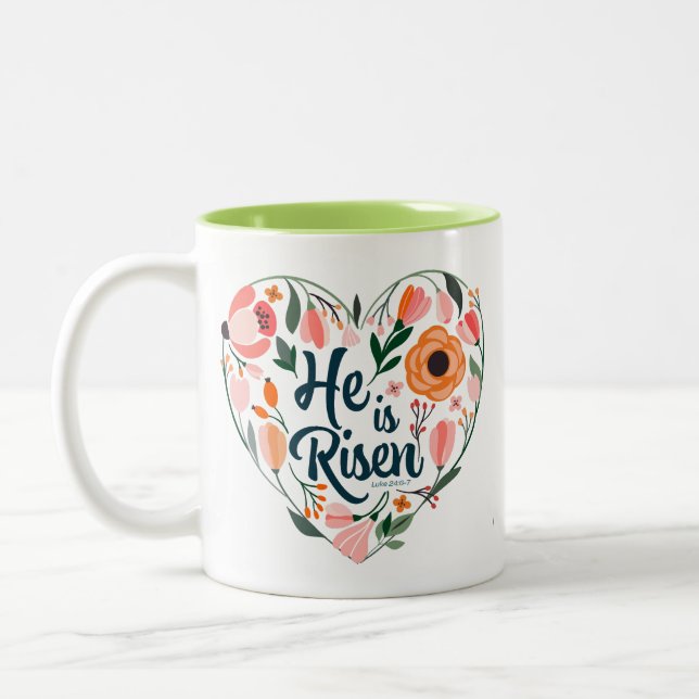 He is Risen Boho Christian Heart Motif Inspiration Two-Tone Coffee Mug (Left)